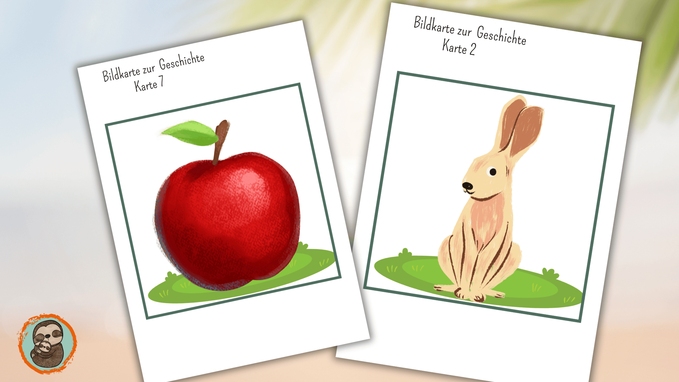 Eine Bildkarte mit einem roten Apfel und eine Bildkarte mit einem Hasen
