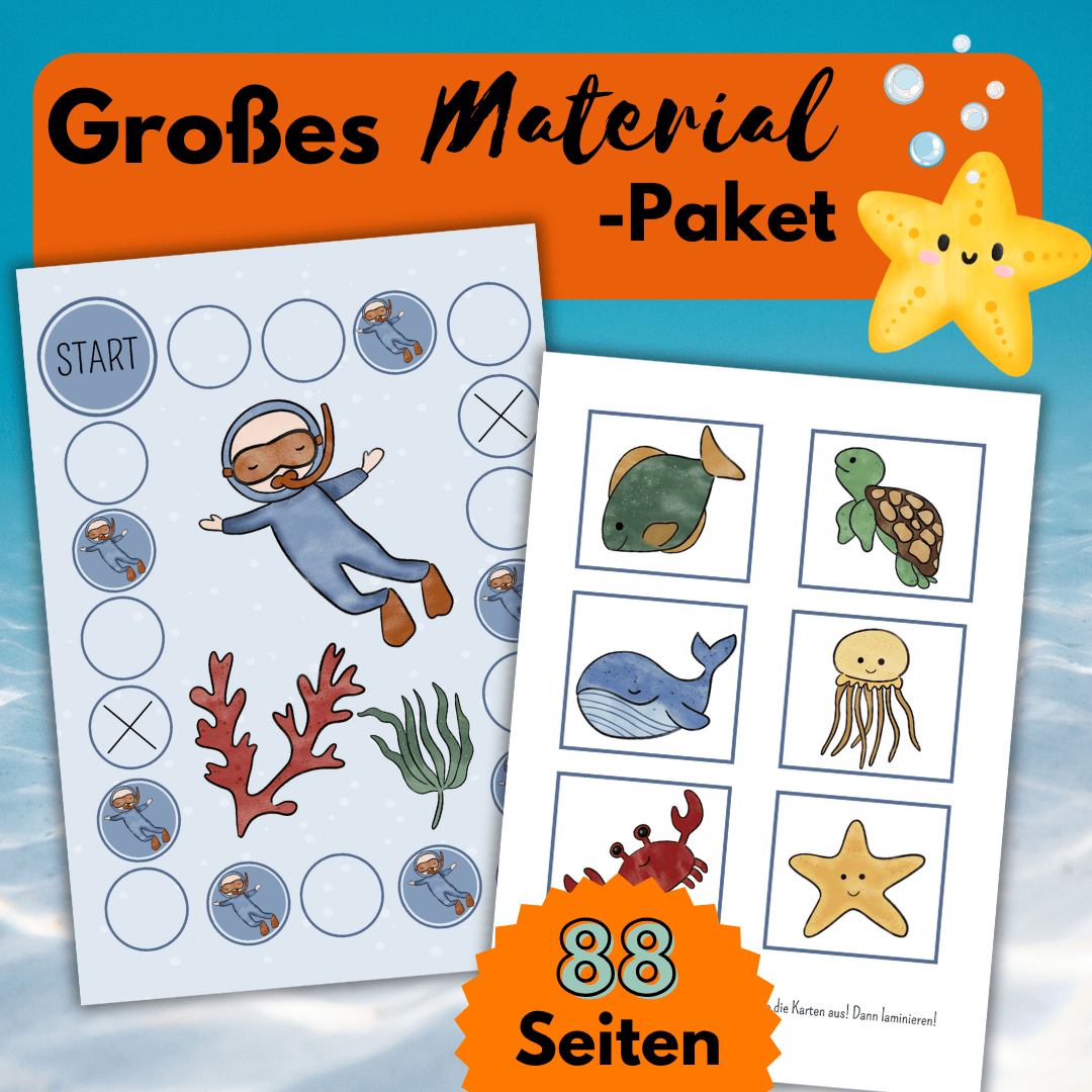 Bild: Meer unterwasser, Seestern mit Blubberblasen. 2 Materialien aus dem Paket. Text: Großes Material-Paket 88 Seiten