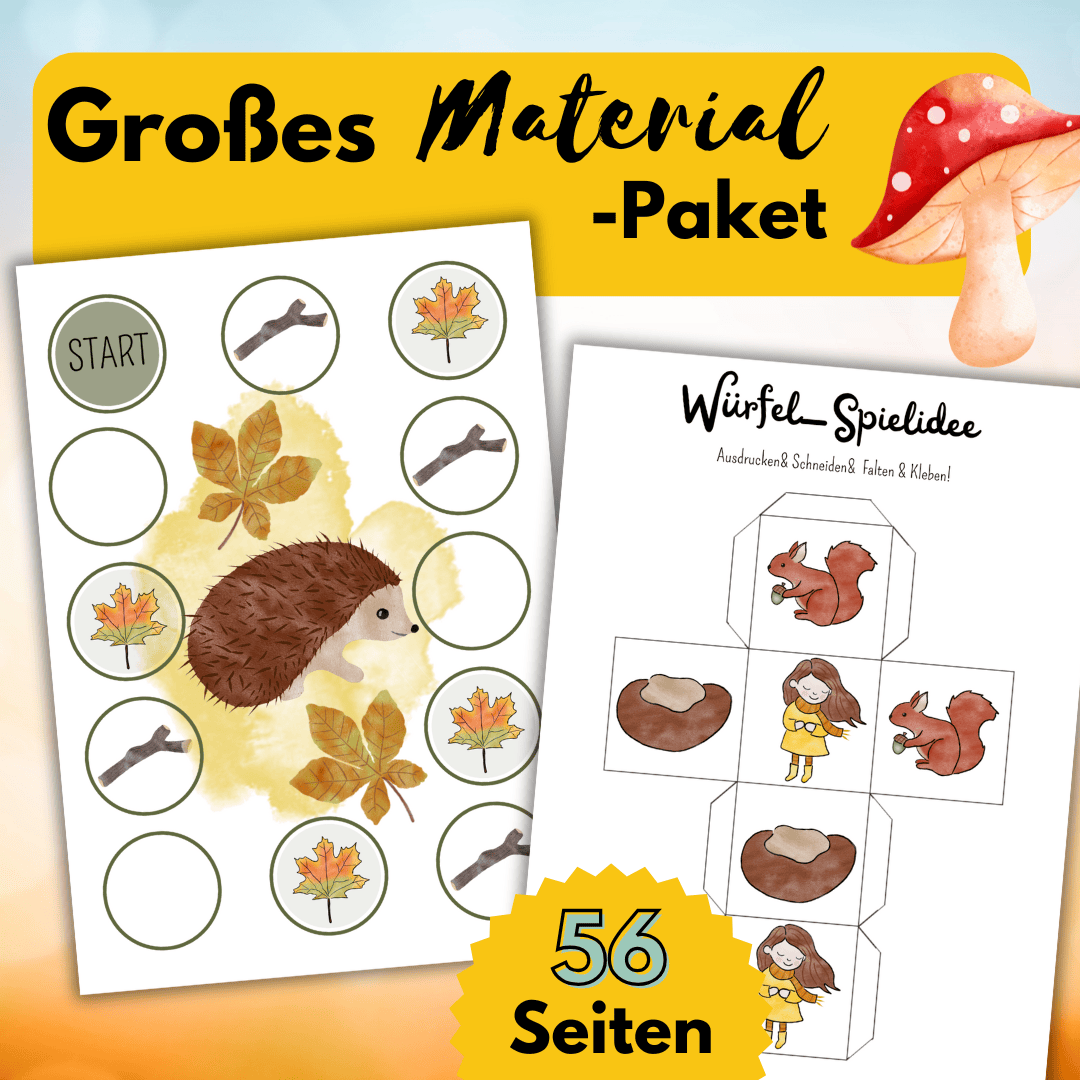 Text: großes Material Paket 56 Seiten. Bild: Pilz und 2 Spiel-Ideen aus dem Paket.