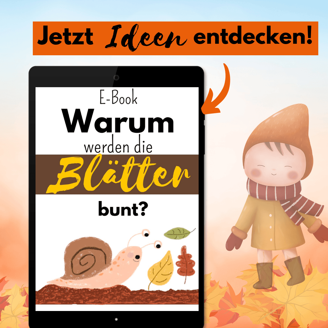 Text: Jetzt Ideen entdecken. Bild: Tablet mit eBook Cover. Im Hintergrund Herbstbätter und seitlich ein Kind in herbstlicher Kleidung.