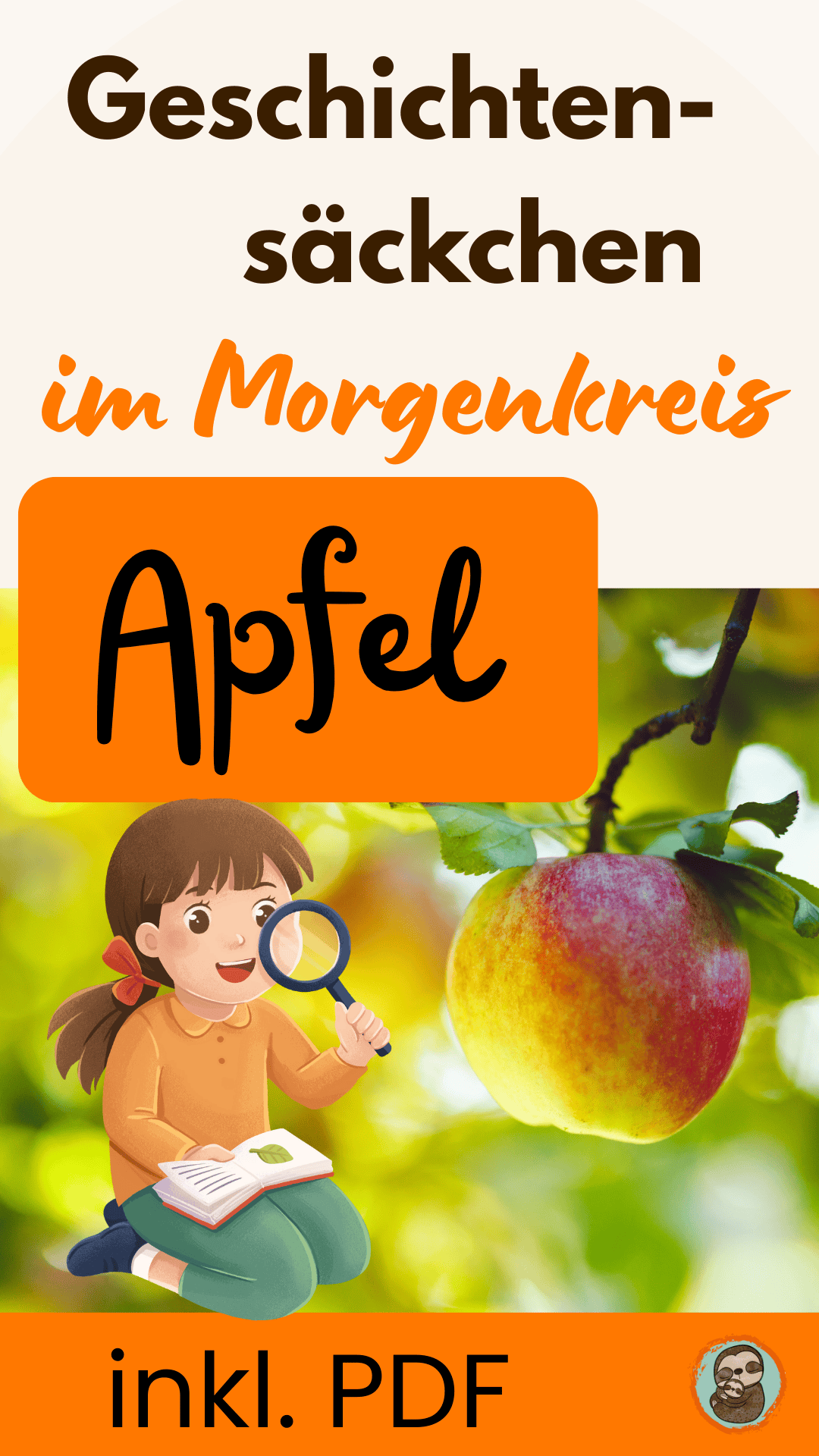 Text: Geschichtensäckchen im Morgenkreis Apfel. Bild: Apfelbaum mit Illustration Mädchen mit Lupe