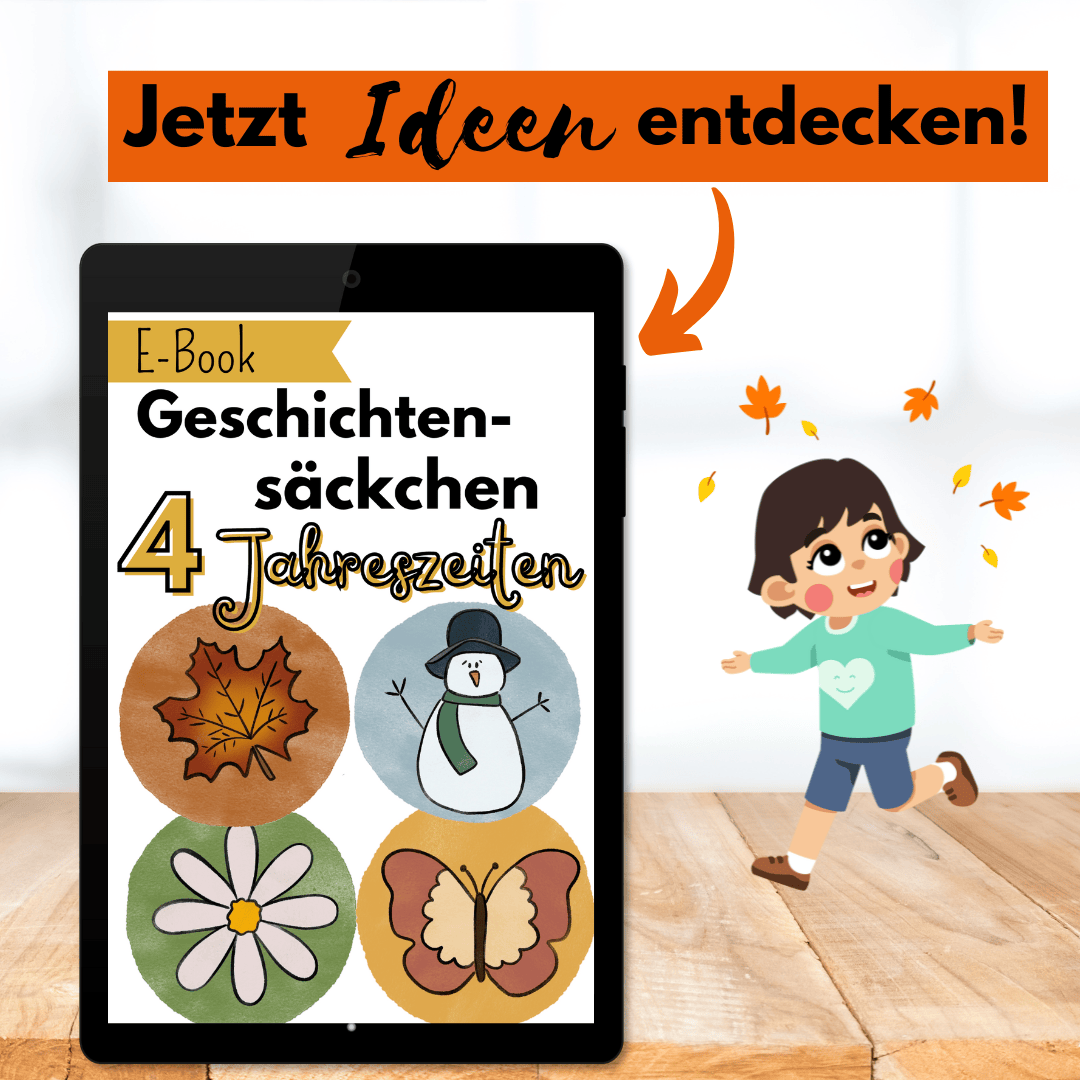 Text: Jetzt Ideen entdecken. Bild Tablet mit Jahreszeiten Cover und Kind Illustration mit Herbstblättern.