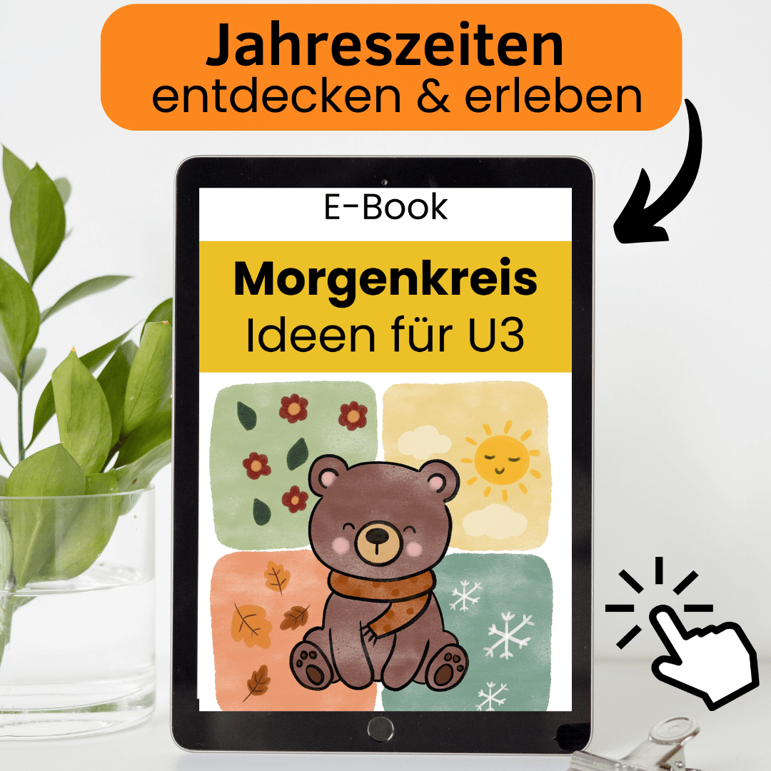Text: Jetzt Ideen entdecken. Bild: Tablet mit eBook Cover. Im Hintergrund Herbstbätter und seitlich ein Kind in herbstlicher Kleidung.