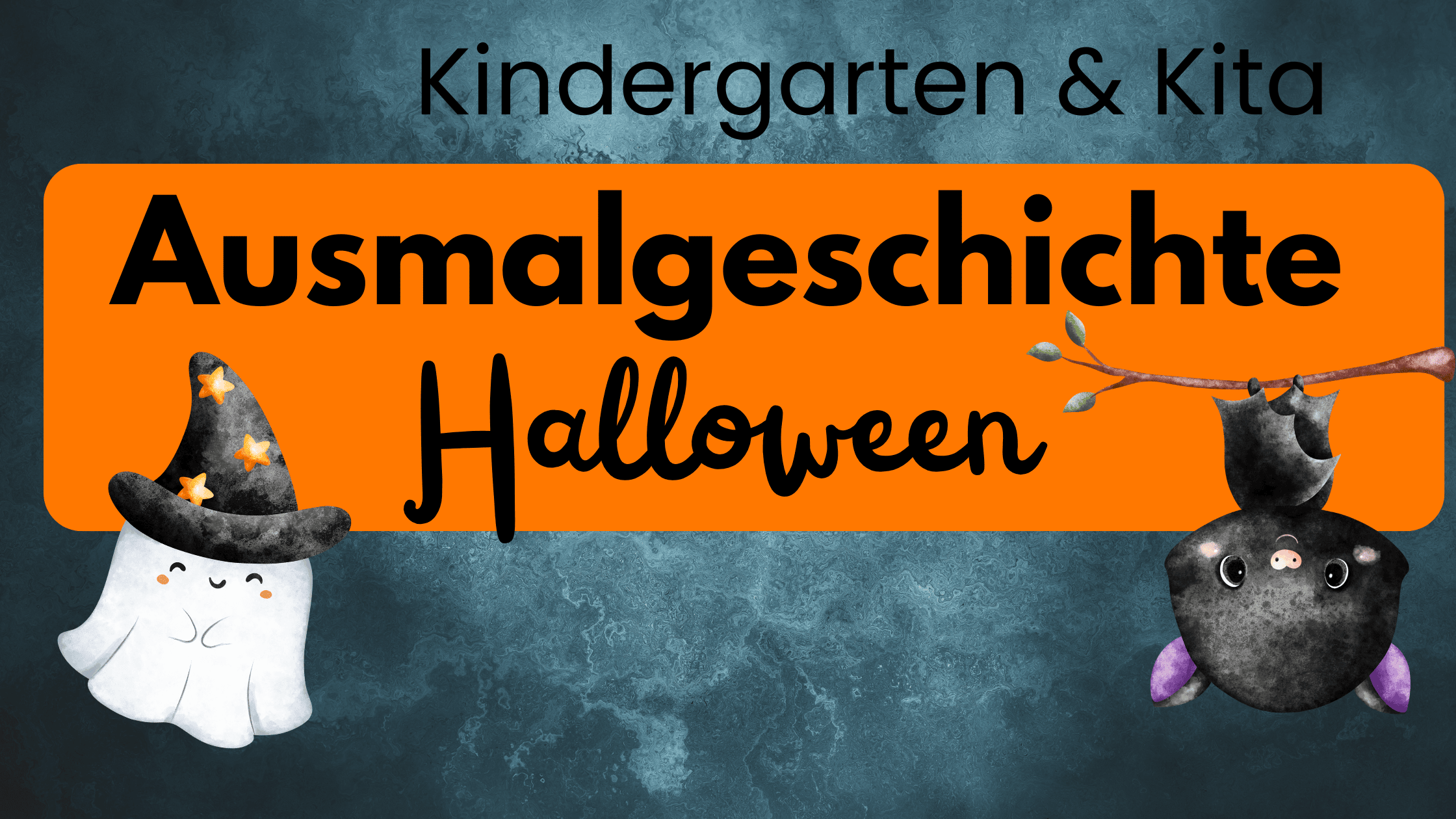 Ausmalgeschichte Halloween Kindergarten Kita. Gespenst und Fledermaus